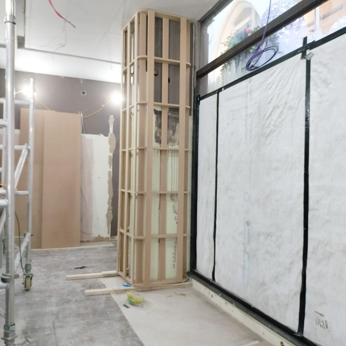 Pop Mart Leeds — wooden framing for feature column during construction