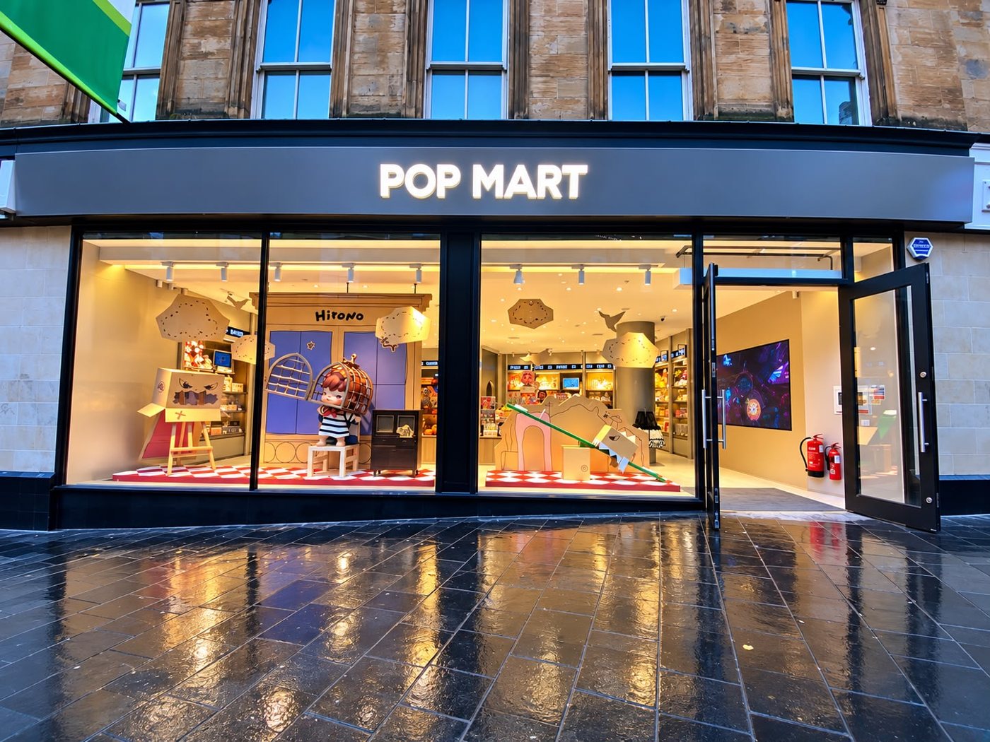 Pop Mart Glasgow — finished shopfront at dusk