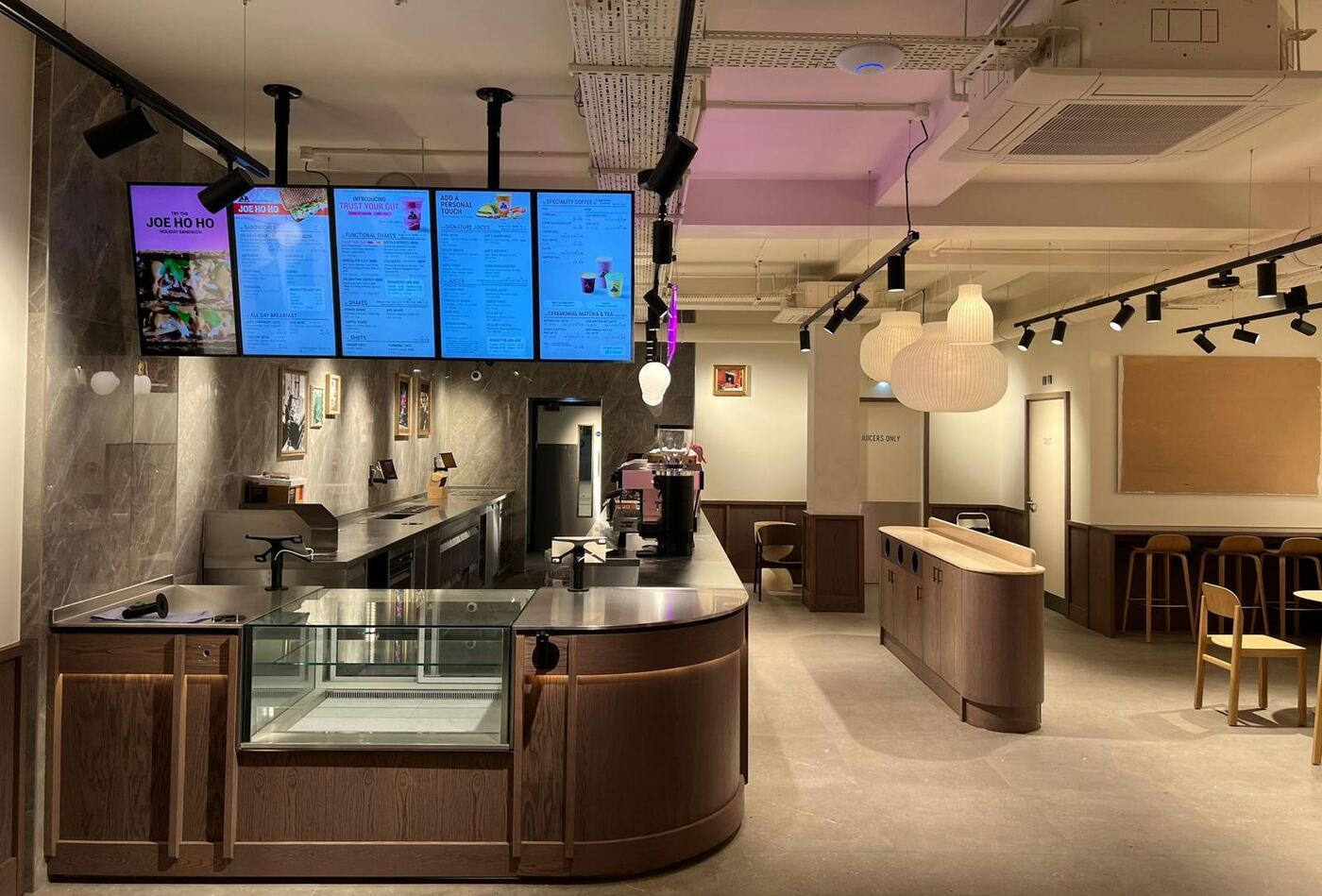Joe & The Juice hospitality fit-out — counters, joinery and finishes