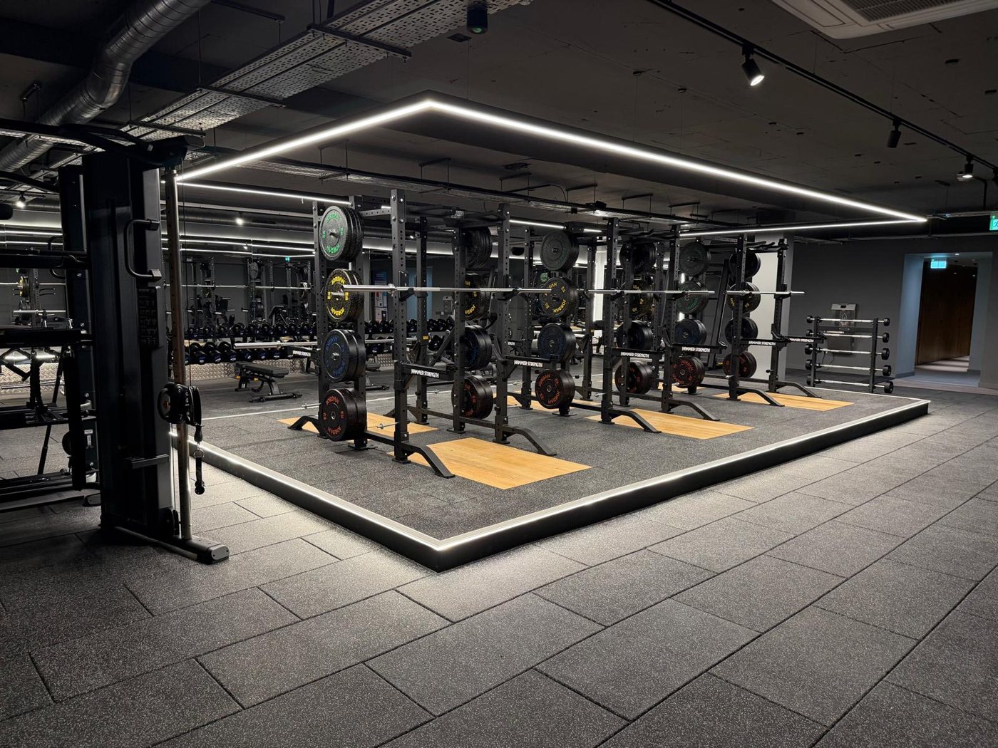 Anytime Fitness Watford — strength rig zone with feature lighting